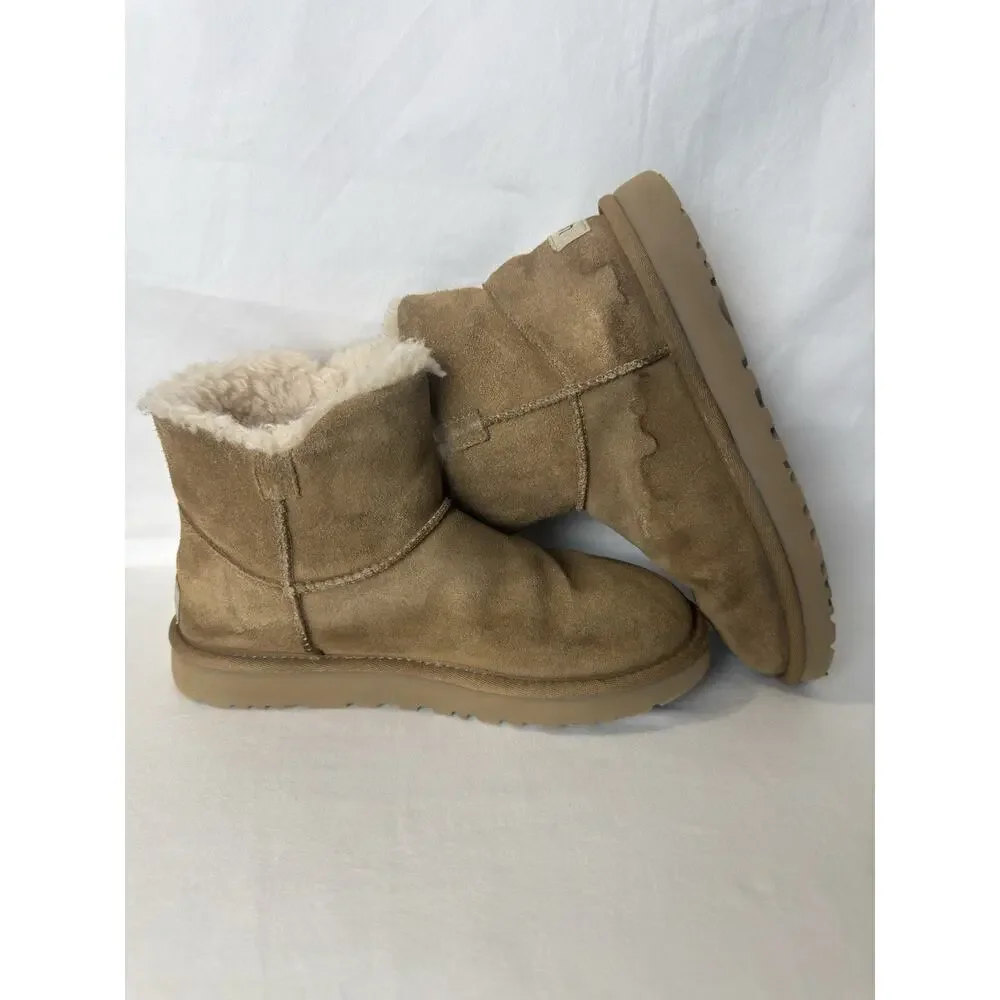 UGG Women's Mini Bailey Button II boots chestnut suede with sheepskin Size 7